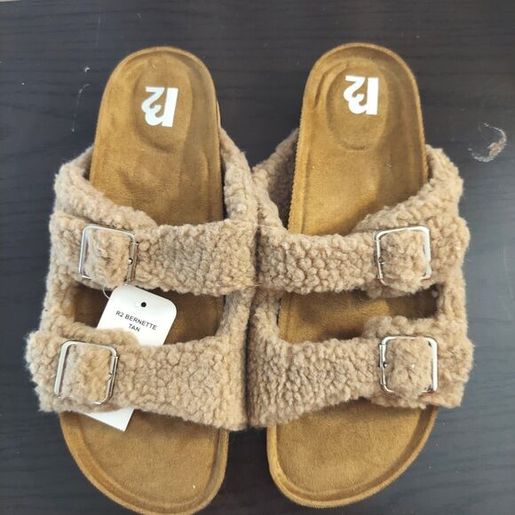 Womens 11M Slip-On Flat Cork Comfort Footbed Buckle Sandal Open Toe Slide by R2 - Picture 2 of 9